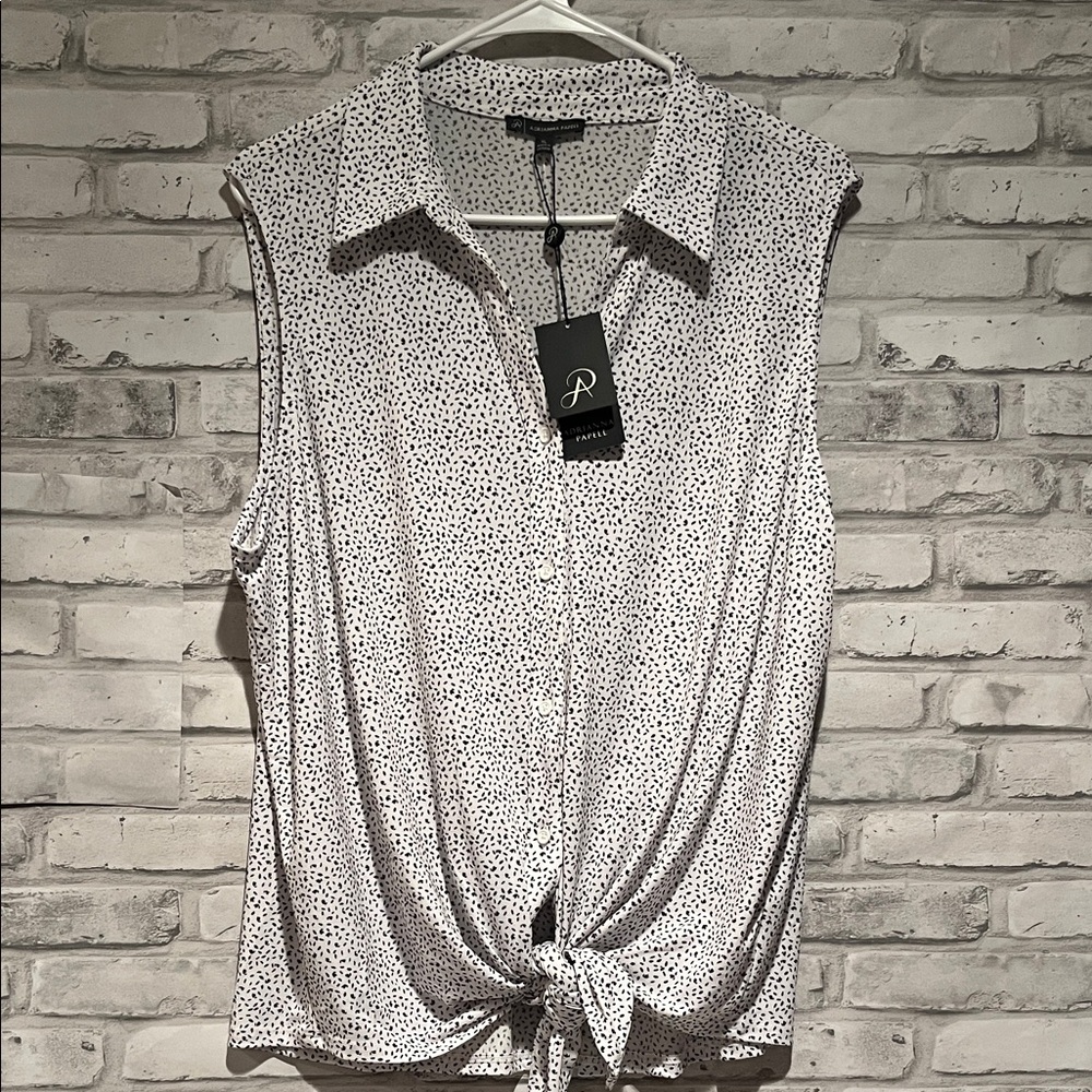 Adrianna Papell White Sleeveless Tie-Front Blouse with Black Dot Print XL